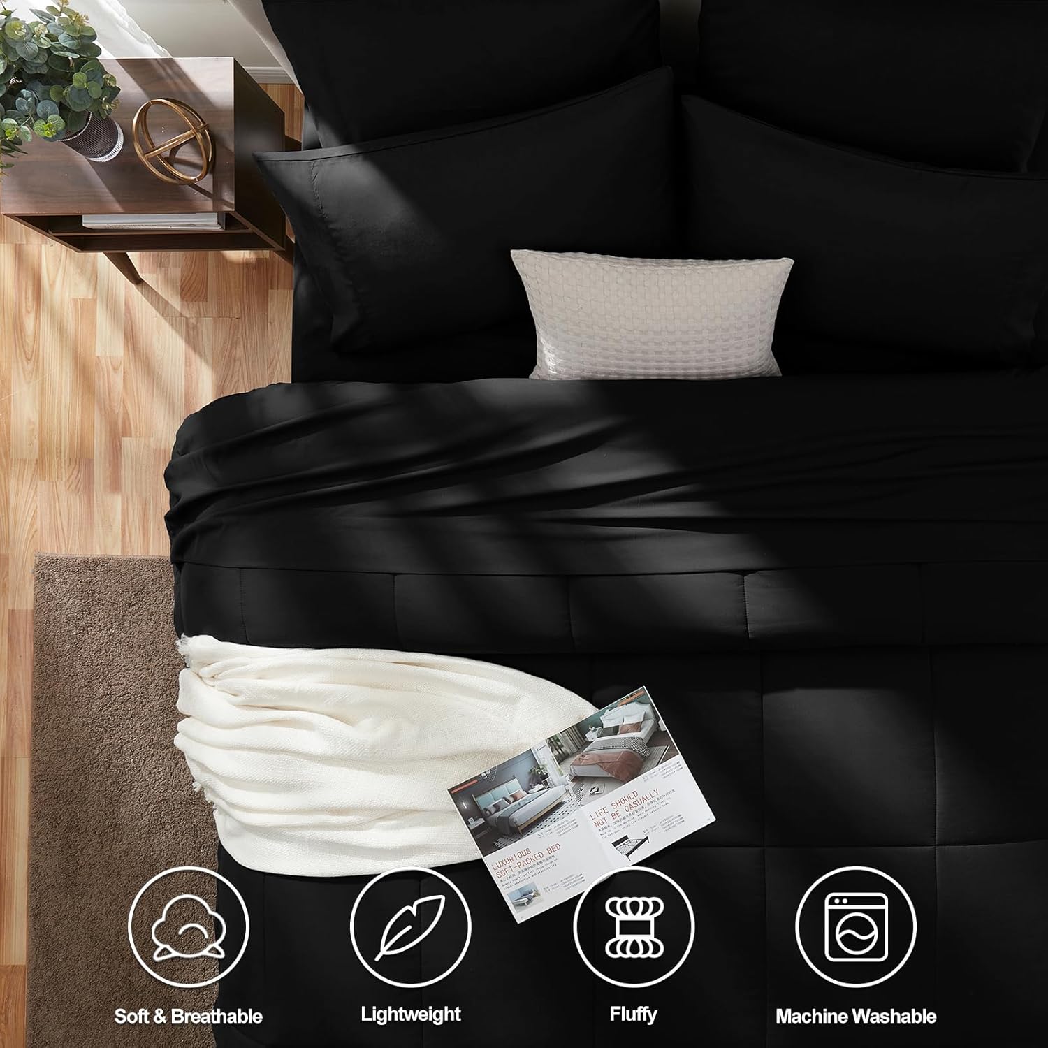 CozyLux Queen Comforter Set - 7 Pieces Bed in a Bag Set Black, Bedding Sets Queen with All Season Quilted Comforter, Flat Sheet, Fitted Sheet, Pillowcases, Black, Queen - Grand Goldman