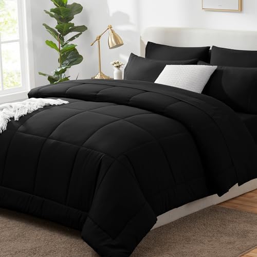 CozyLux Queen Comforter Set - 7 Pieces Bed in a Bag Set Black, Bedding Sets Queen with All Season Quilted Comforter, Flat Sheet, Fitted Sheet, Pillowcases, Black, Queen - Grand Goldman