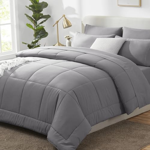 CozyLux Queen Comforter Set - 7 Pieces Bed in a Bag Set Black, Bedding Sets Queen with All Season Quilted Comforter, Flat Sheet, Fitted Sheet, Pillowcases, Black, Queen - Grand Goldman