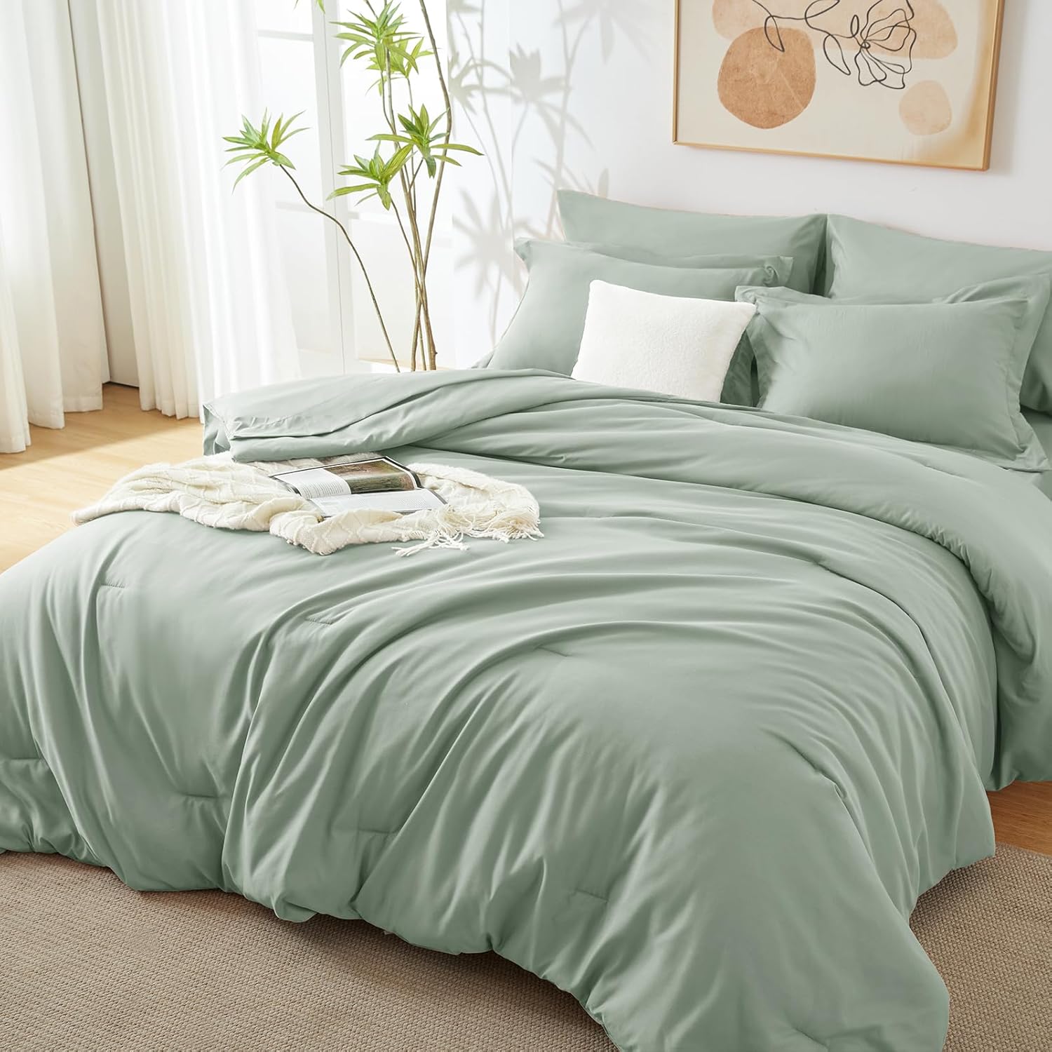CozyLux Queen Comforter Set Sage Green, 7 Pieces Bed in a Bag, Bedding Comforter Set with Sheets, All Season Boho 7PC Bed Sets with Comforter, Fitted Sheets, Flat Sheets, Pillow Shams and Pillowcases - Grand Goldman