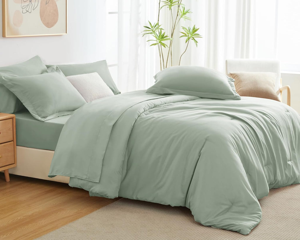 CozyLux Queen Comforter Set Sage Green, 7 Pieces Bed in a Bag, Bedding Comforter Set with Sheets, All Season Boho 7PC Bed Sets with Comforter, Fitted Sheets, Flat Sheets, Pillow Shams and Pillowcases - Grand Goldman