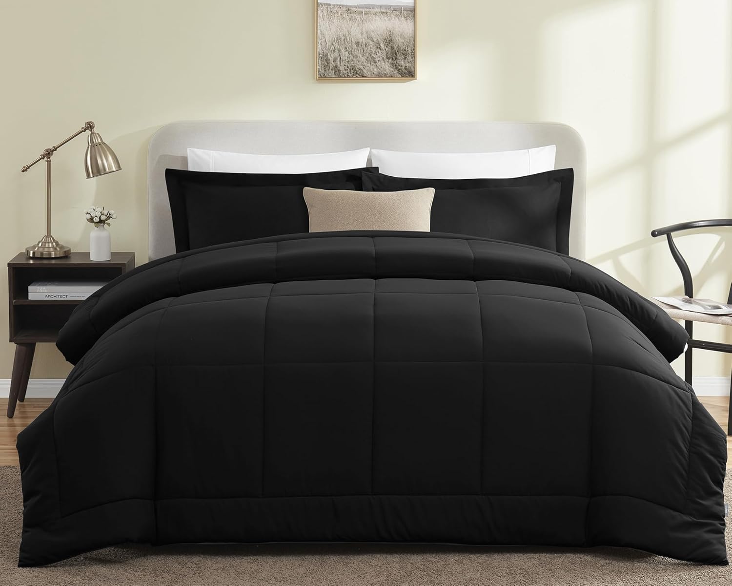 CozyLux Queen Size Comforter Sets - Black Comforter Queen Size, 3 Pieces Box Stitched Soft Lightweight Bed Set, All Season Bedding Sets with 1 Down Alternative Comforter and 2 Pillow Shams - Grand Goldman