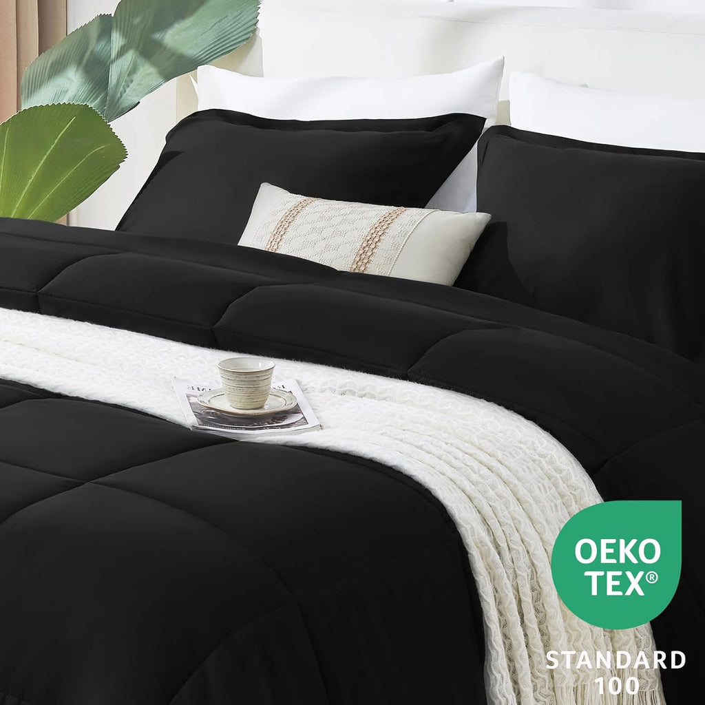 CozyLux Queen Size Comforter Sets - Black Comforter Queen Size, 3 Pieces Box Stitched Soft Lightweight Bed Set, All Season Bedding Sets with 1 Down Alternative Comforter and 2 Pillow Shams - Grand Goldman
