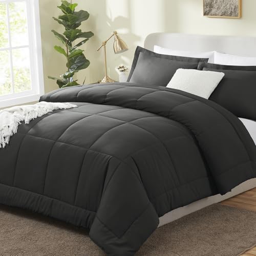 CozyLux Queen Size Comforter Sets - Black Comforter Queen Size, 3 Pieces Box Stitched Soft Lightweight Bed Set, All Season Bedding Sets with 1 Down Alternative Comforter and 2 Pillow Shams - Grand Goldman
