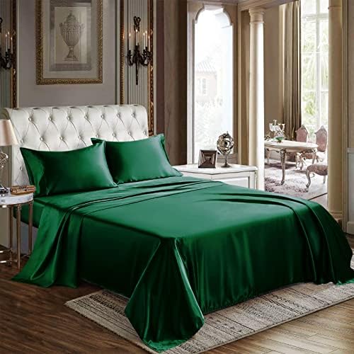 CozyLux Satin Sheets Queen Size - 4 Piece Black Bed Sheet Set with Silky Microfiber, 1 Deep Pocket Fitted Sheet, 1 Flat Sheet, and 2 Pillowcases - Smooth and Soft - Grand Goldman