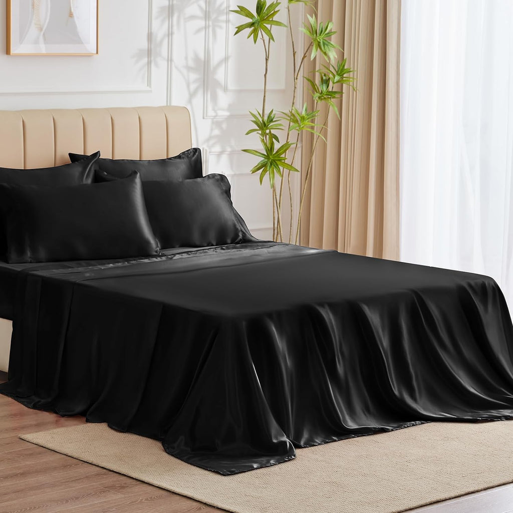 CozyLux Satin Sheets Queen Size - 4 Piece Black Bed Sheet Set with Silky Microfiber, 1 Deep Pocket Fitted Sheet, 1 Flat Sheet, and 2 Pillowcases - Smooth and Soft - Grand Goldman