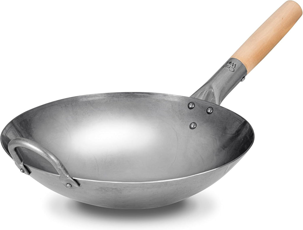 Craft Wok Traditional Hand Hammered Carbon Steel Pow Wok with Wooden and Steel Helper Handle (14 Inch, Round Bottom) / 731W88 - Grand Goldman