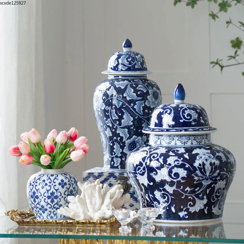 Creative Blue and White Porcelain Flower General Jar Large-capacity Tea Candy Sealed Storage Jar Ceramic Vase Crafts Home Decor - Grand Goldman
