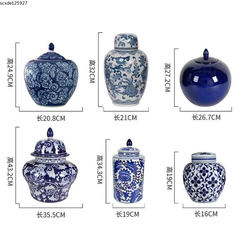 Creative Blue and White Porcelain Flower General Jar Large-capacity Tea Candy Sealed Storage Jar Ceramic Vase Crafts Home Decor - Grand Goldman