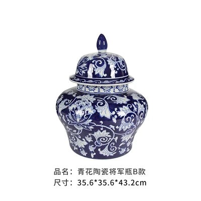 Creative Blue and White Porcelain Flower General Jar Large-capacity Tea Candy Sealed Storage Jar Ceramic Vase Crafts Home Decor - Grand Goldman