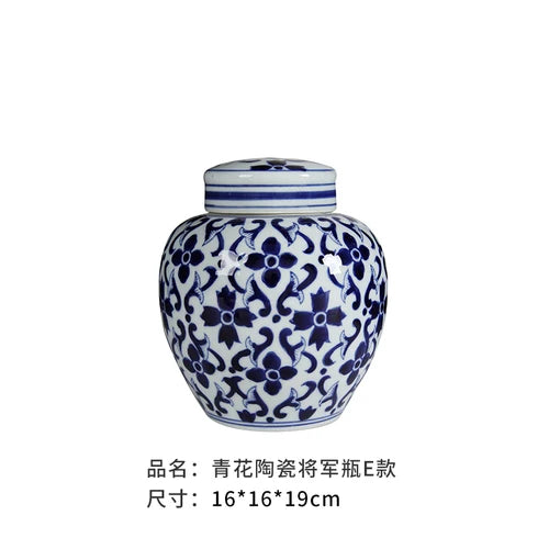 Creative Blue and White Porcelain Flower General Jar Large-capacity Tea Candy Sealed Storage Jar Ceramic Vase Crafts Home Decor - Grand Goldman