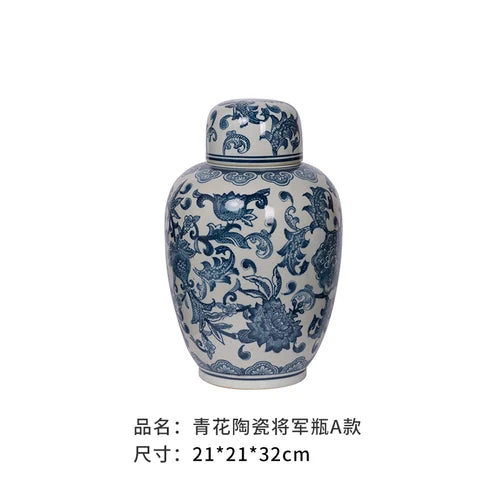 Creative Blue and White Porcelain Flower General Jar Large-capacity Tea Candy Sealed Storage Jar Ceramic Vase Crafts Home Decor - Grand Goldman