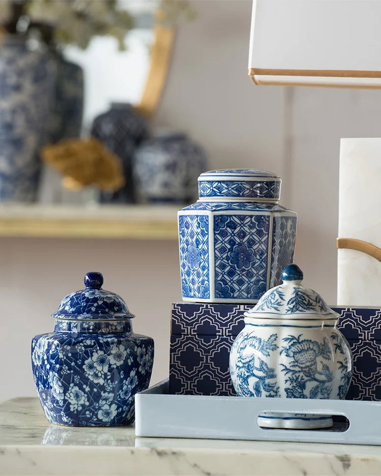 Creative Blue and White Porcelain Flower General Jar Large-capacity Tea Candy Sealed Storage Jar Ceramic Vase Crafts Home Decor - Grand Goldman