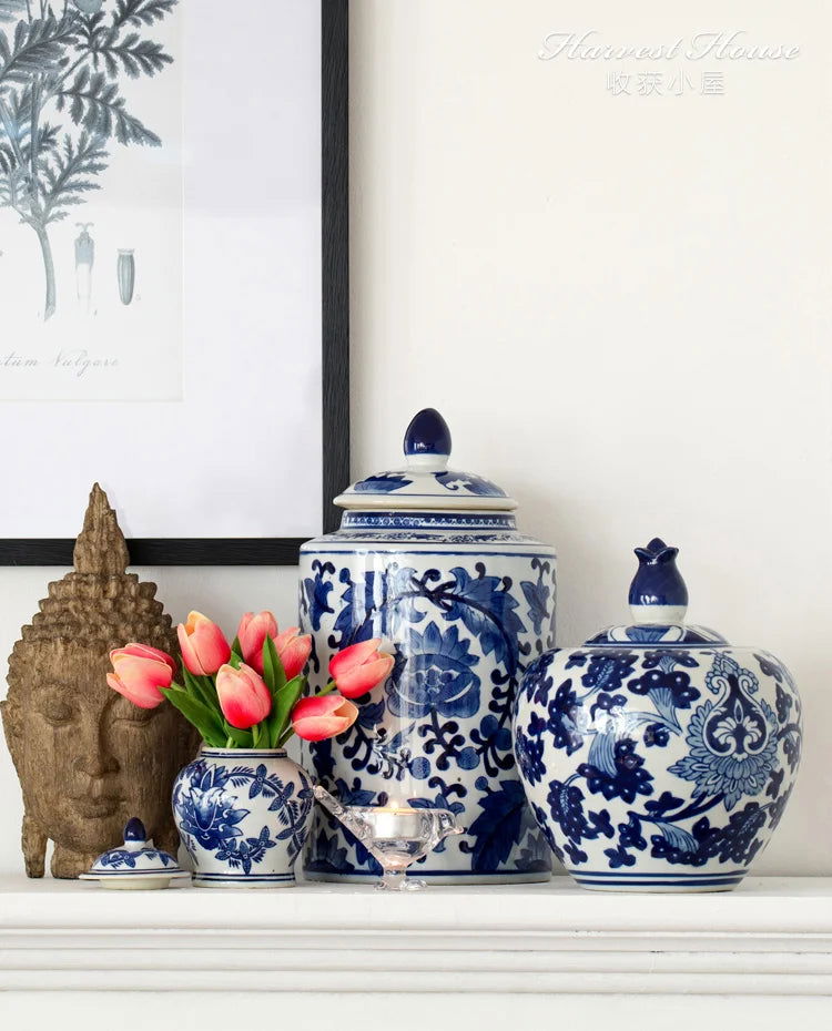 Creative Blue and White Porcelain Flower General Jar Large-capacity Tea Candy Sealed Storage Jar Ceramic Vase Crafts Home Decor - Grand Goldman