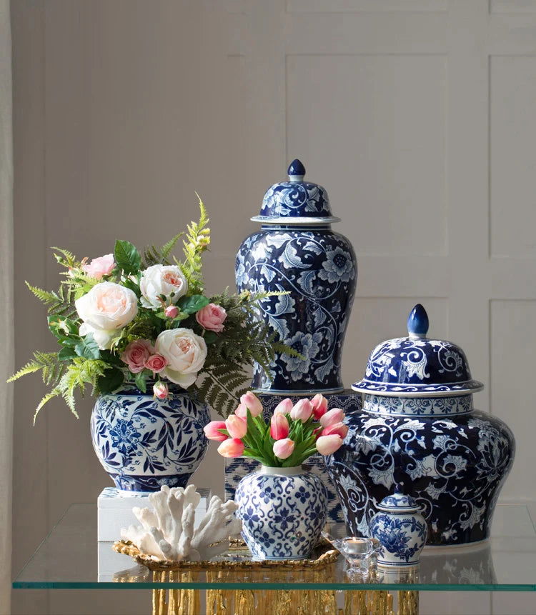 Creative Blue and White Porcelain Flower General Jar Large-capacity Tea Candy Sealed Storage Jar Ceramic Vase Crafts Home Decor - Grand Goldman