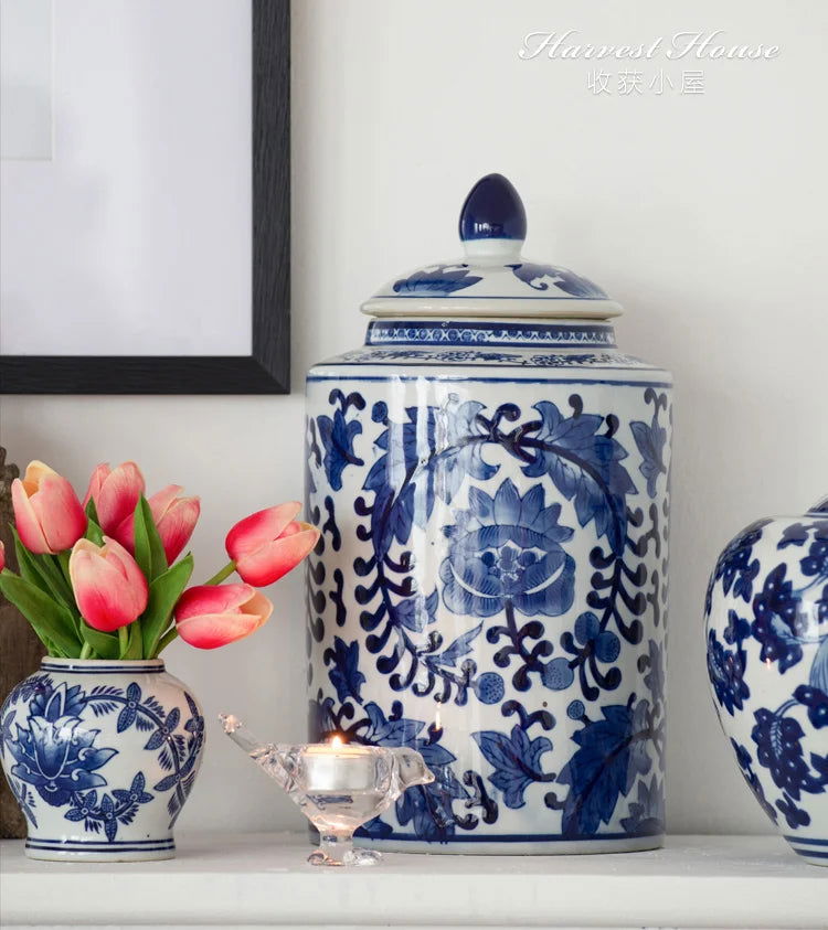 Creative Blue and White Porcelain Flower General Jar Large-capacity Tea Candy Sealed Storage Jar Ceramic Vase Crafts Home Decor - Grand Goldman
