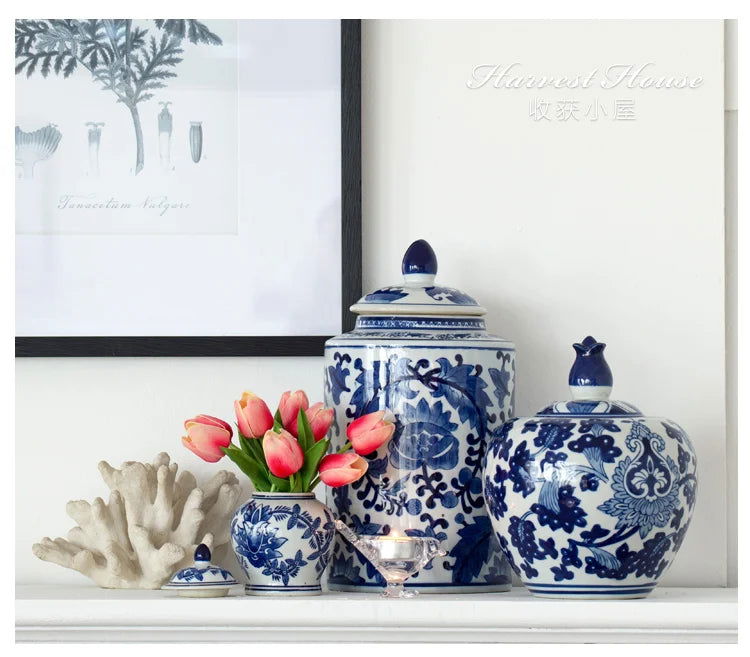Creative Blue and White Porcelain Flower General Jar Large-capacity Tea Candy Sealed Storage Jar Ceramic Vase Crafts Home Decor - Grand Goldman