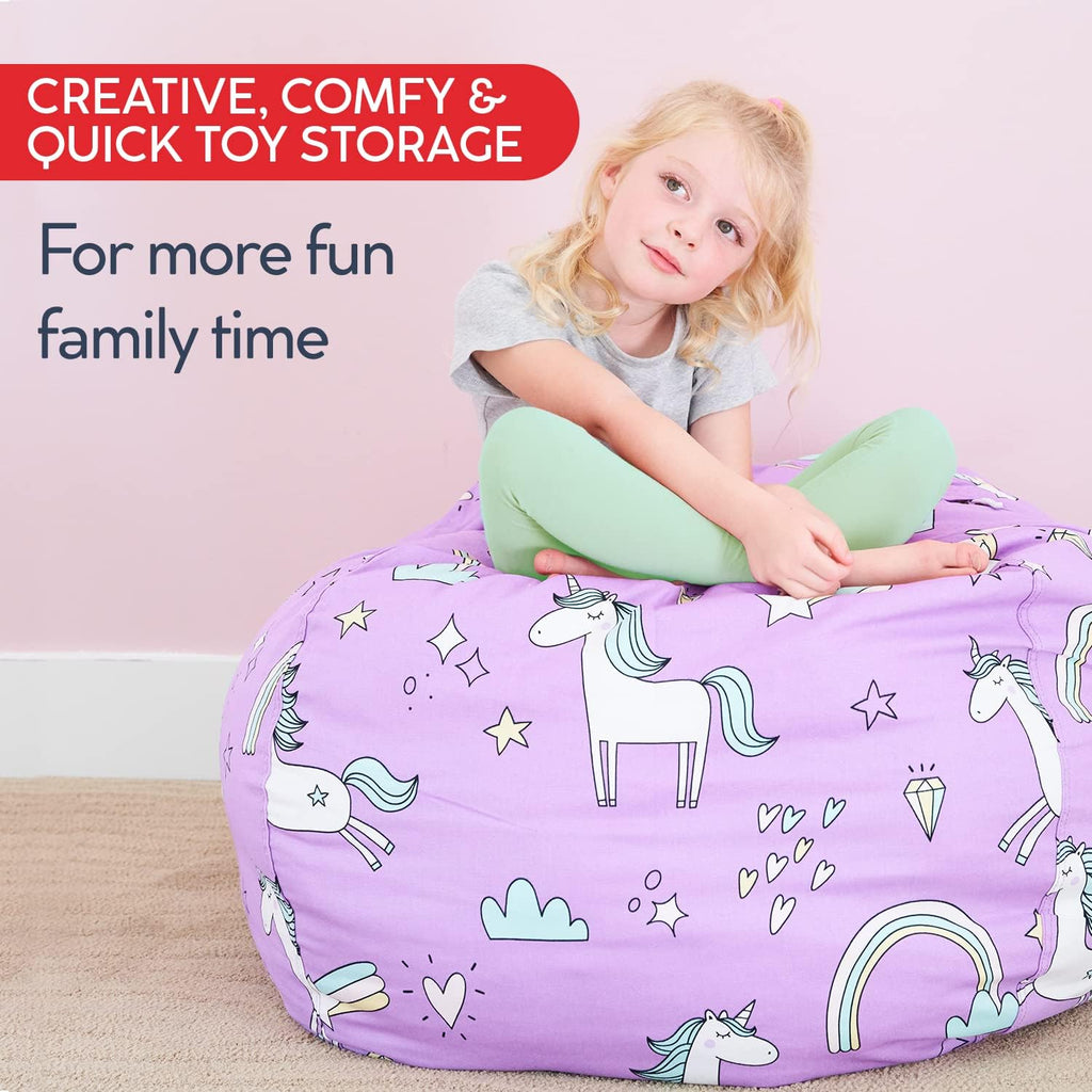 Creative QT Stuff ’n Sit Extra Large 38’’ Bean Bag Storage Cover for Stuffed Animals & Toys, Giant Beanbag Chair for Plush, Toddler & Kids Rooms Bedroom Organizer for Christmas, Purple Unicorn - Grand Goldman