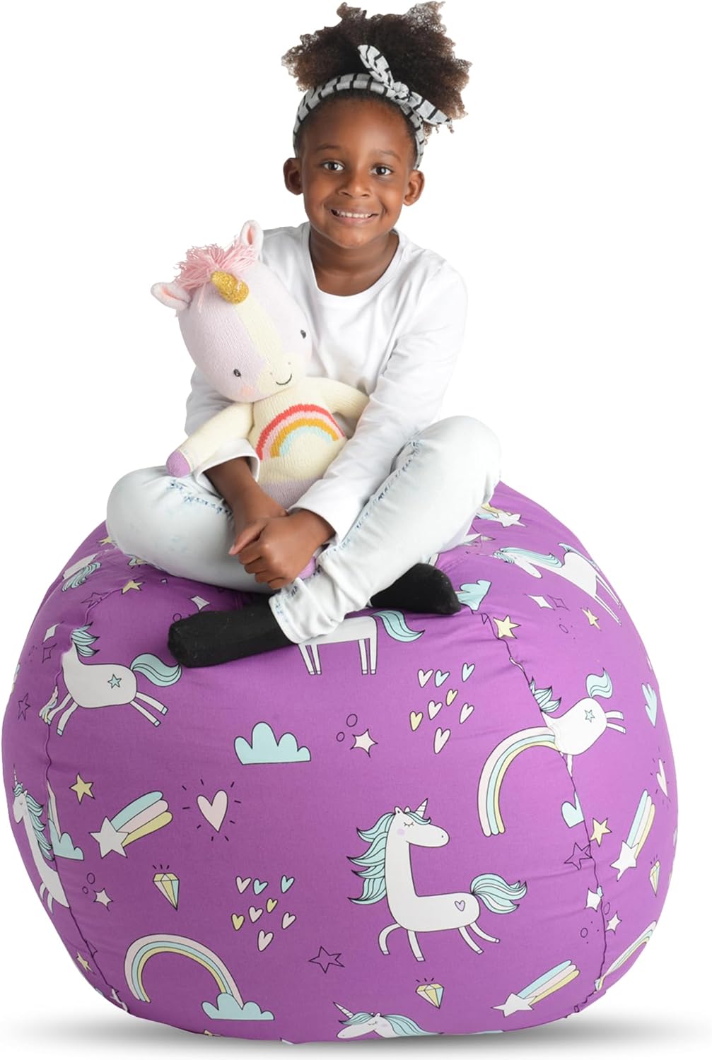 Creative QT Stuff ’n Sit Extra Large 38’’ Bean Bag Storage Cover for Stuffed Animals & Toys, Giant Beanbag Chair for Plush, Toddler & Kids Rooms Bedroom Organizer for Christmas, Purple Unicorn - Grand Goldman