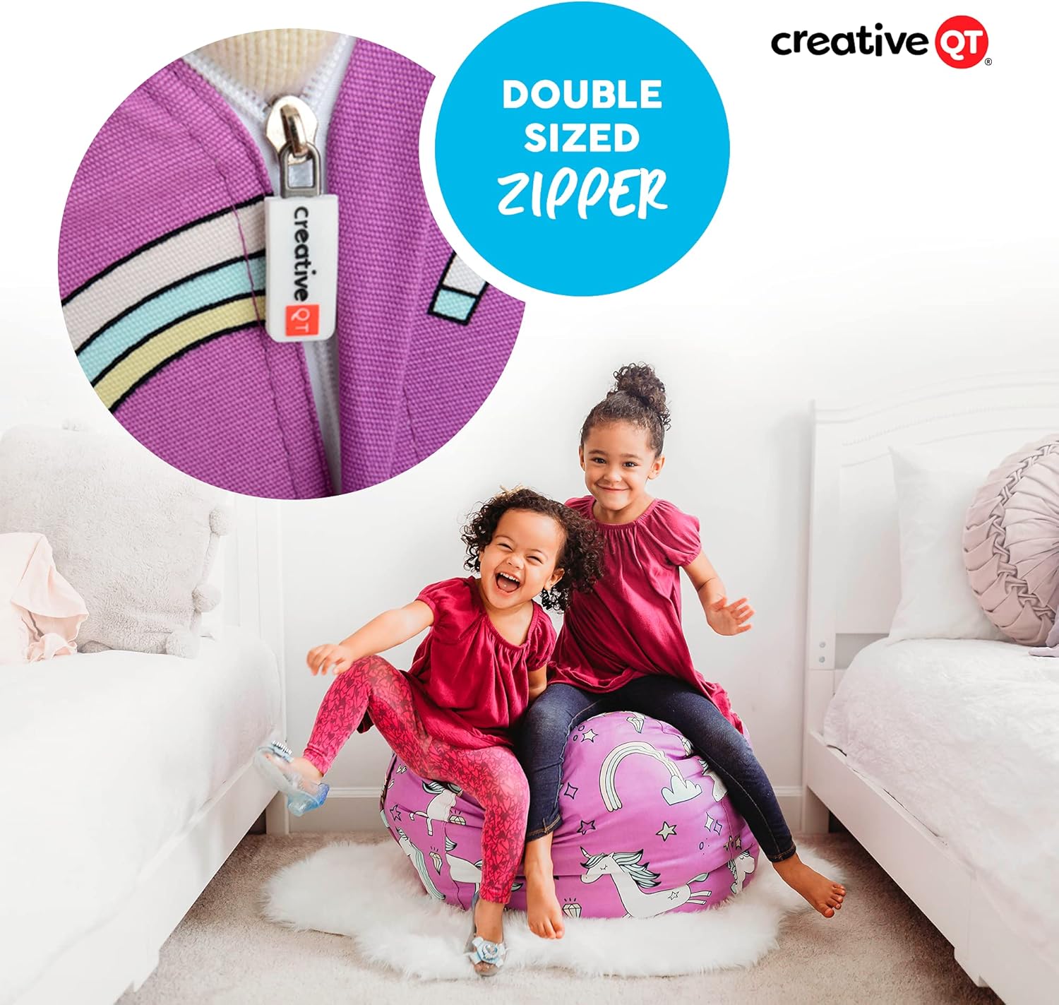 Creative QT Stuff ’n Sit Extra Large 38’’ Bean Bag Storage Cover for Stuffed Animals & Toys, Giant Beanbag Chair for Plush, Toddler & Kids Rooms Bedroom Organizer for Christmas, Purple Unicorn - Grand Goldman