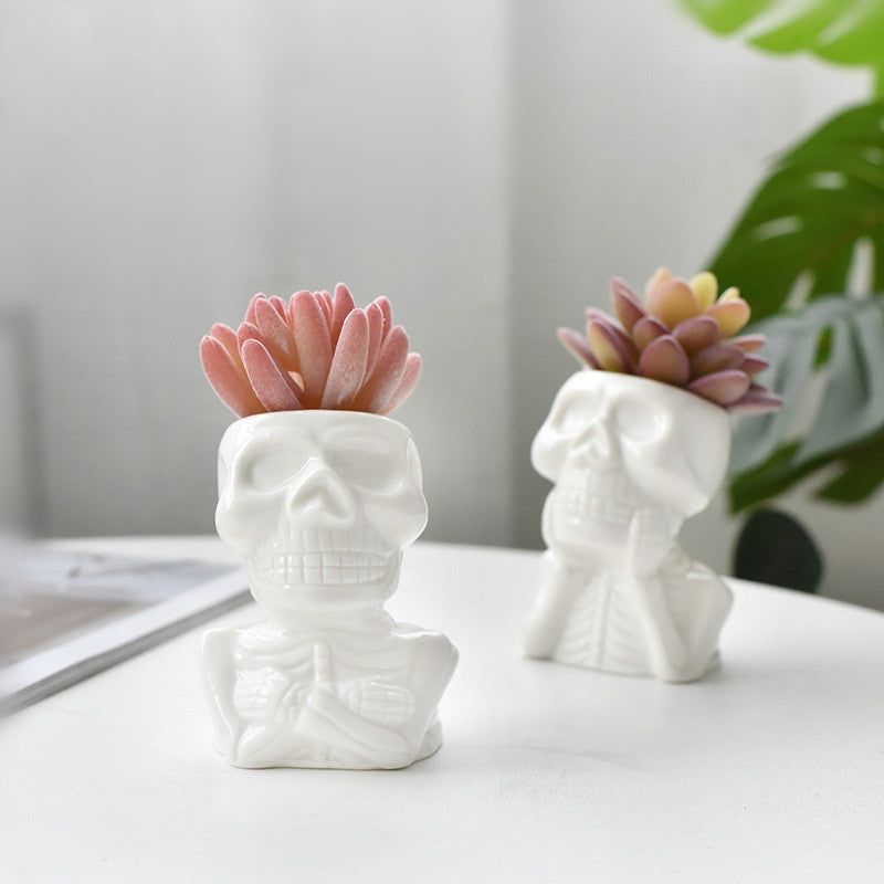 Creative White Porcelain Succulent Flower Pot Personality Skull - Grand Goldman