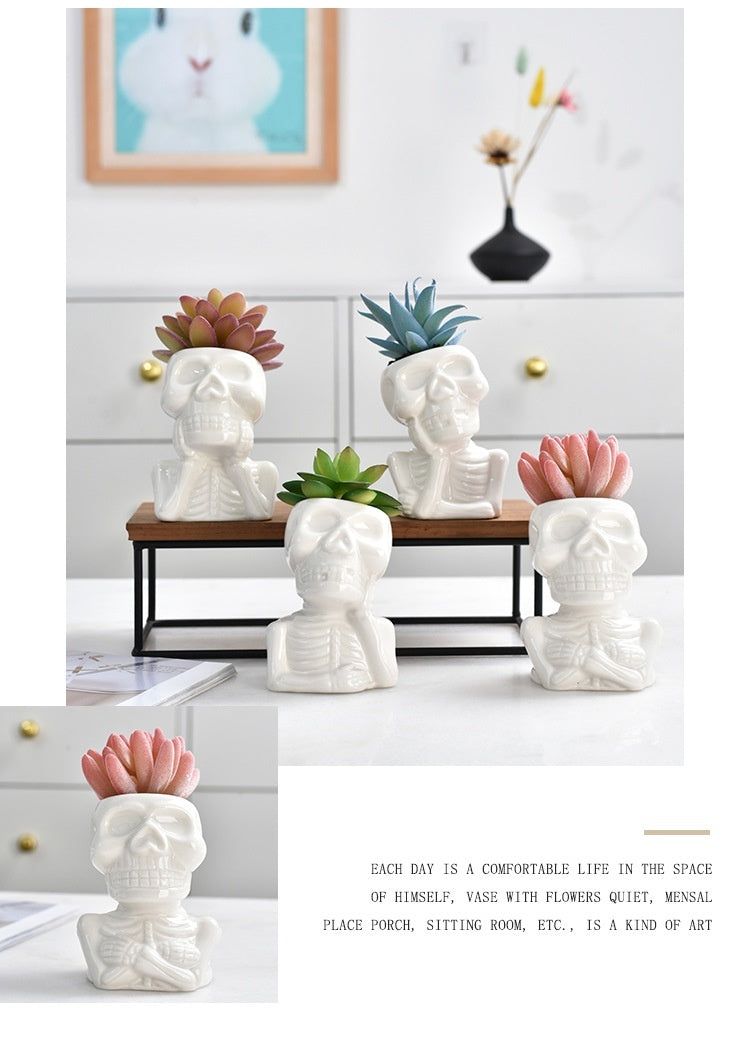 Creative White Porcelain Succulent Flower Pot Personality Skull - Grand Goldman