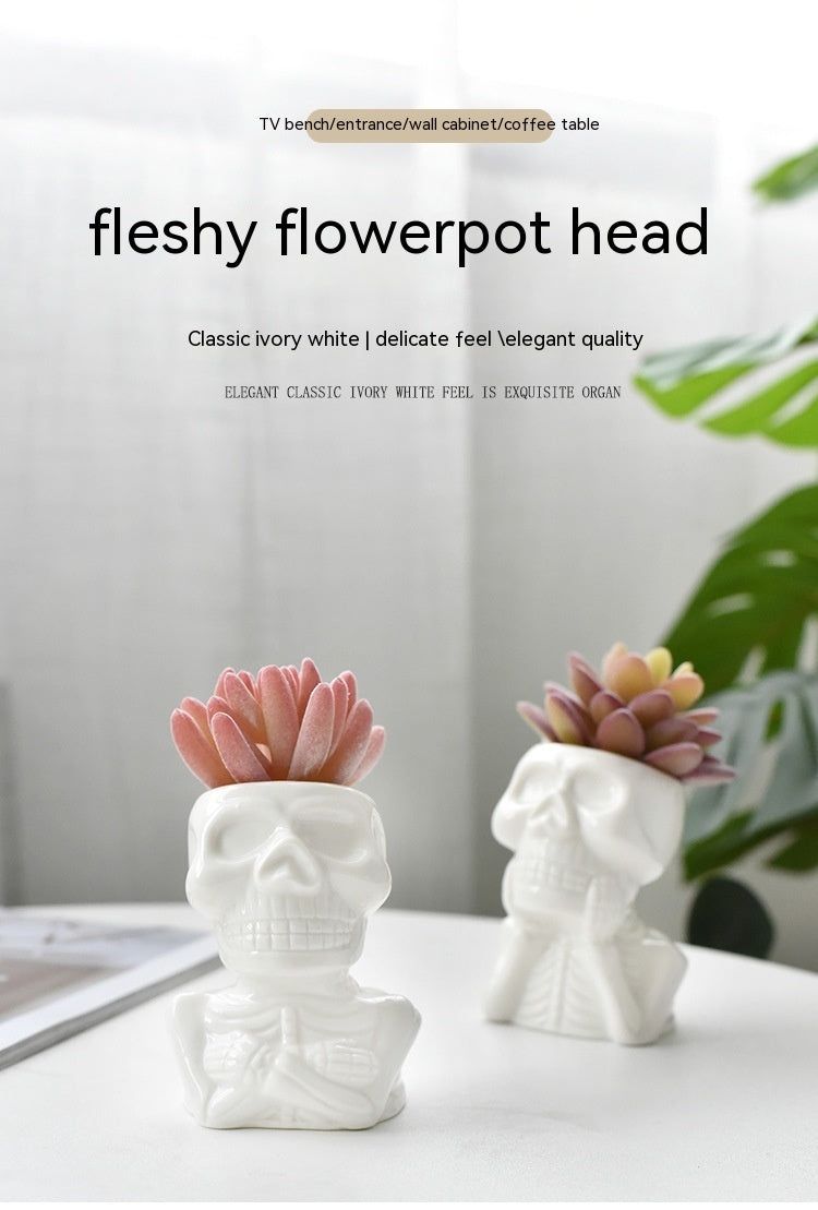 Creative White Porcelain Succulent Flower Pot Personality Skull - Grand Goldman