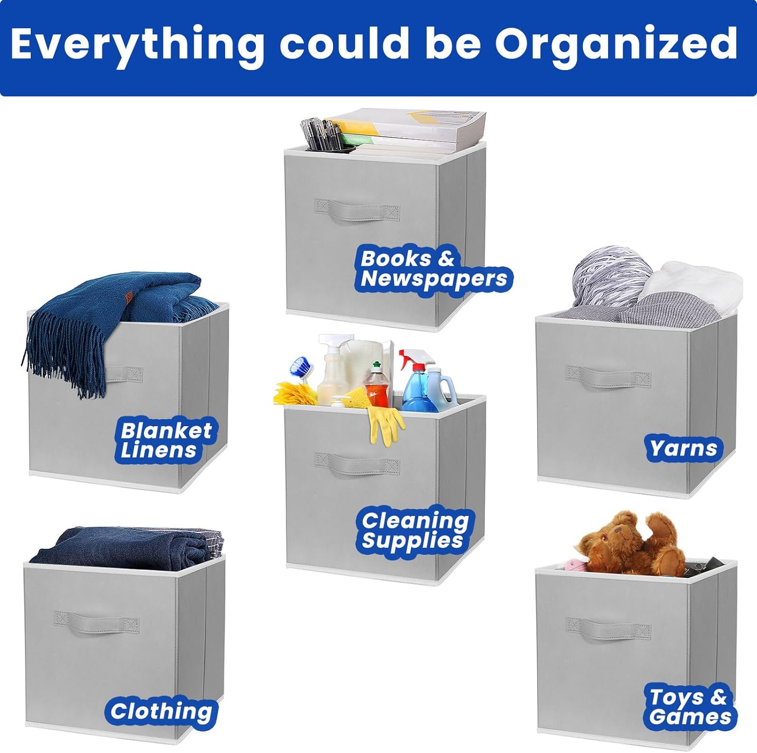 Criusia Storage Cubes, 11 Inch Cube Storage Bins for Shelves (10 Pack), Fabric Collapsible Storage Bins with Dual Handles, Foldable Cube Baskets for Clothes, Closet Organizers and Storage Box (Grey) - Grand Goldman