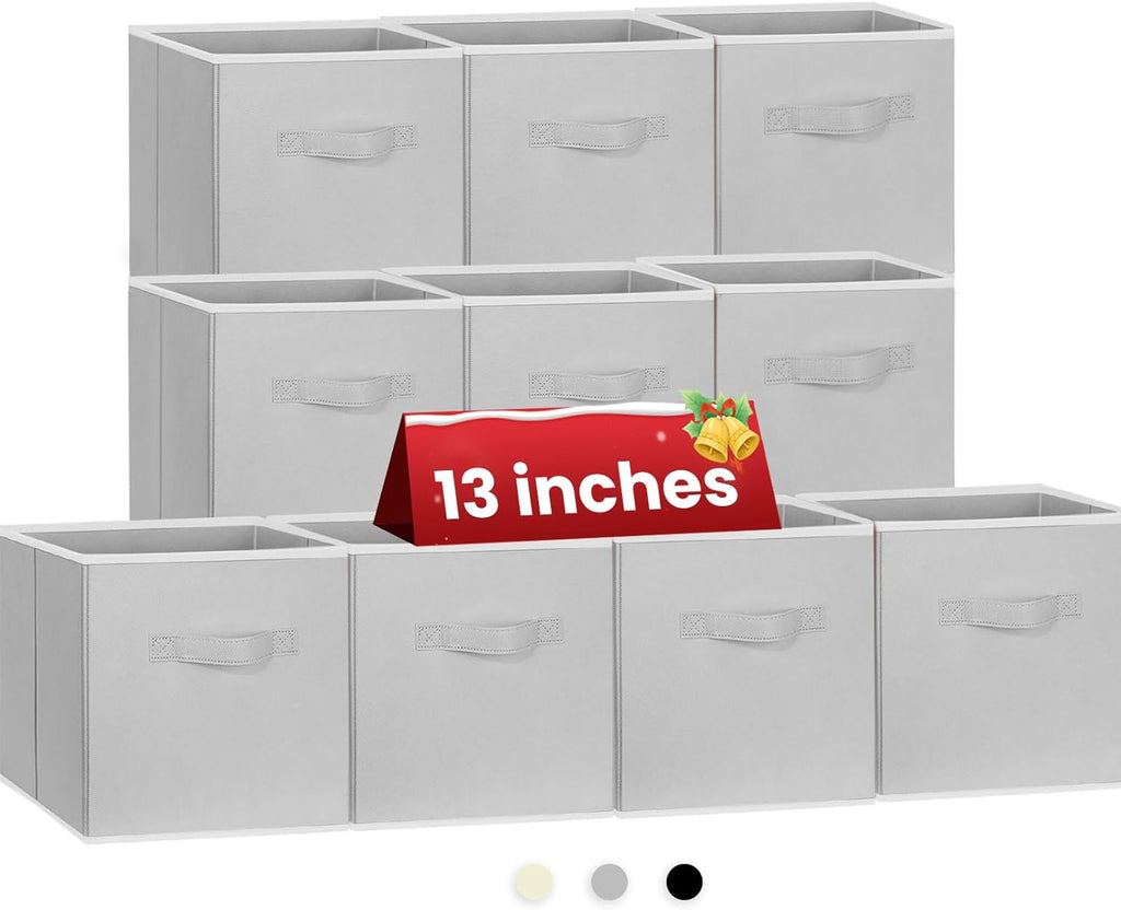 Criusia Storage Cubes, 11 Inch Cube Storage Bins for Shelves (10 Pack), Fabric Collapsible Storage Bins with Dual Handles, Foldable Cube Baskets for Clothes, Closet Organizers and Storage Box (Grey) - Grand Goldman