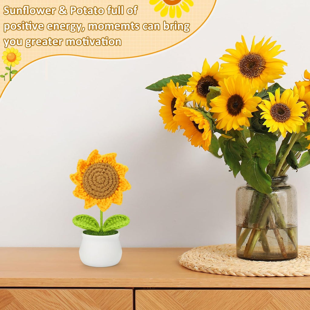 Crochet Flowers Artificial Sunflower for Office Desk Car Dashboard Decor, Funny Gifts for Women Birthday Christmas Party Decorations Motivational Gifts - Grand Goldman