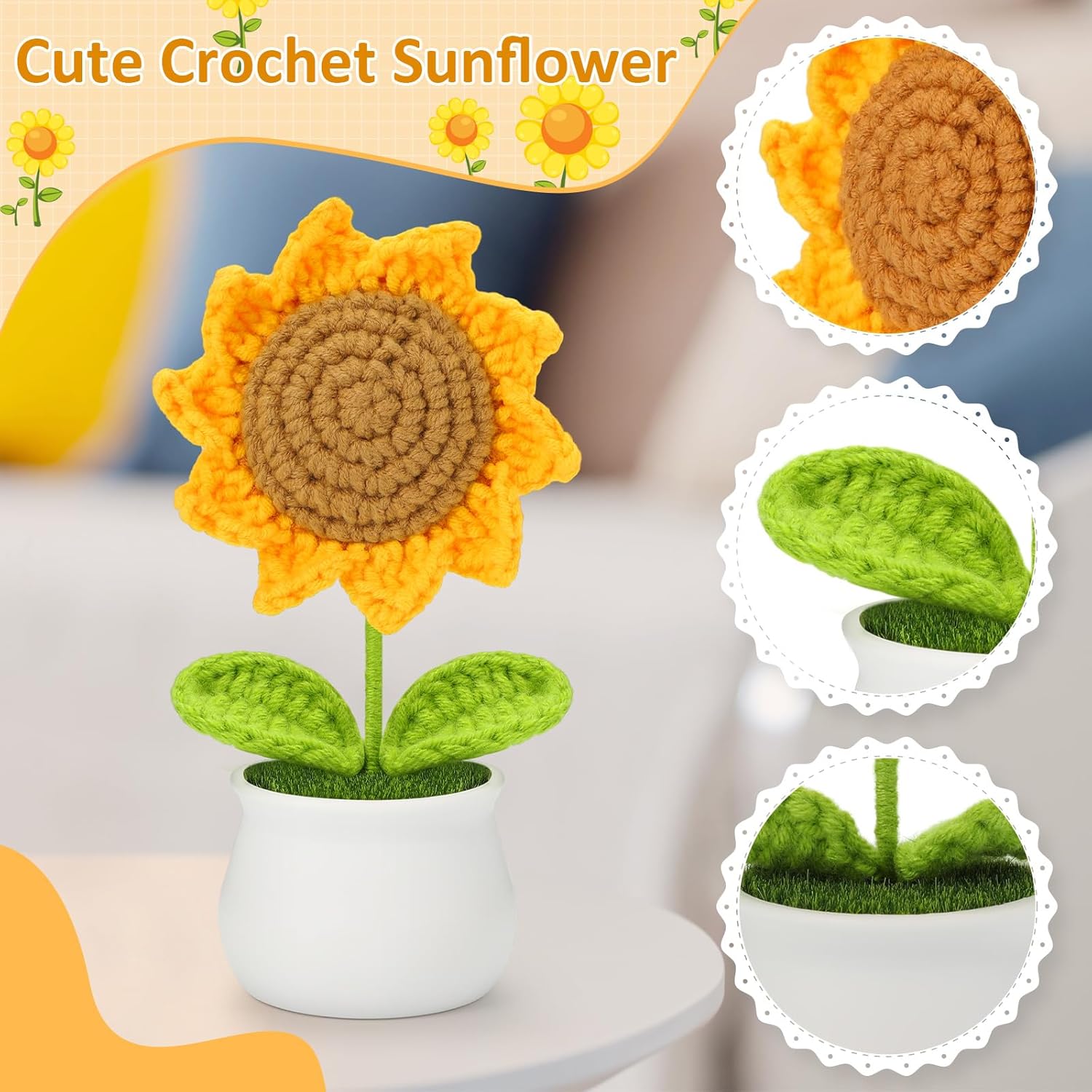 Crochet Flowers Artificial Sunflower for Office Desk Car Dashboard Decor, Funny Gifts for Women Birthday Christmas Party Decorations Motivational Gifts - Grand Goldman
