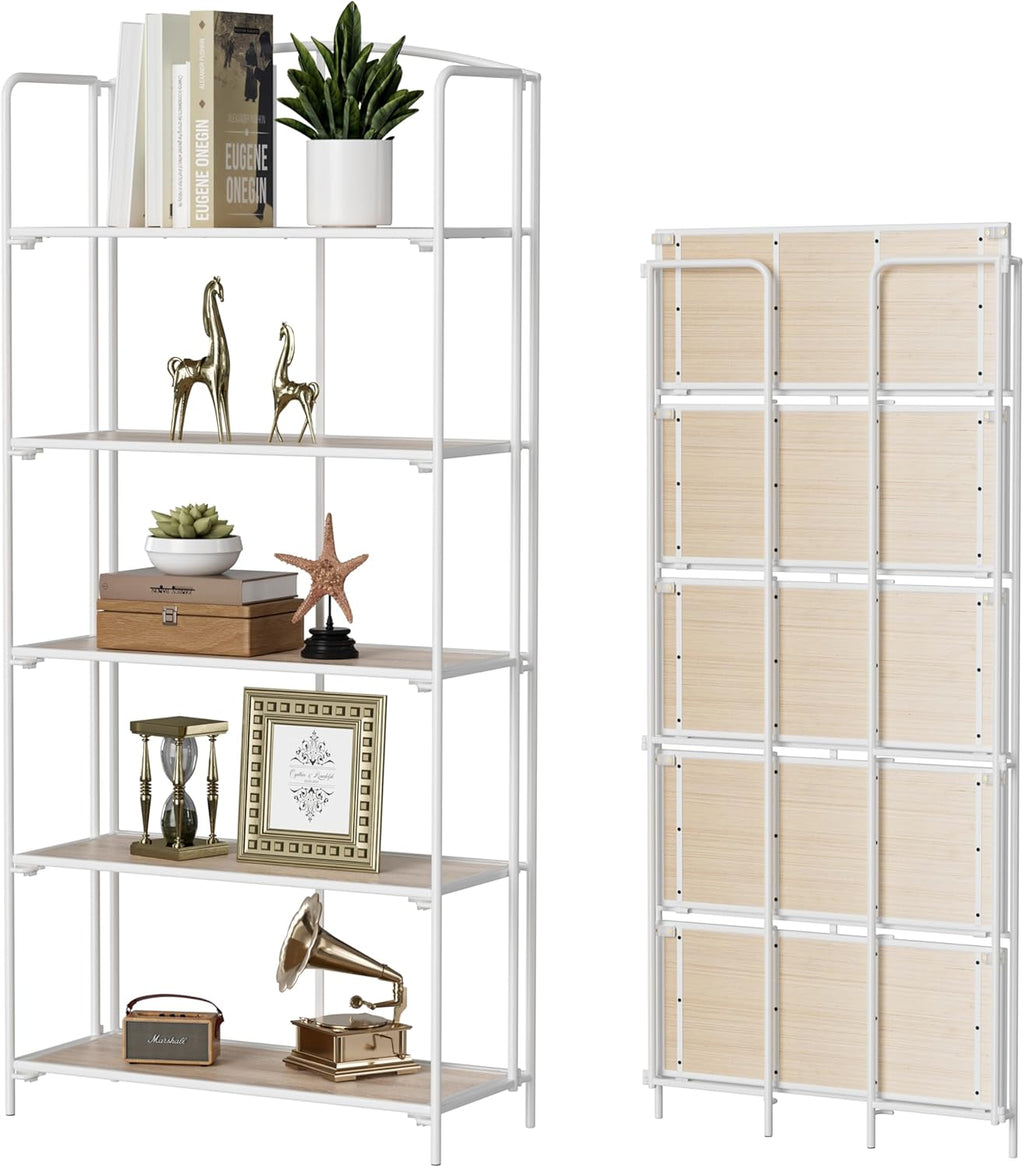 Crofy No Assembly Folding Bookshelf for Living Room, 5 Tier Gold Collapsible Book Shelf for Home Office, Portable Bookcase Storage Organizer - Grand Goldman