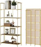 Crofy No Assembly Folding Bookshelf for Living Room, 5 Tier Gold Collapsible Book Shelf for Home Office, Portable Bookcase Storage Organizer - Grand Goldman