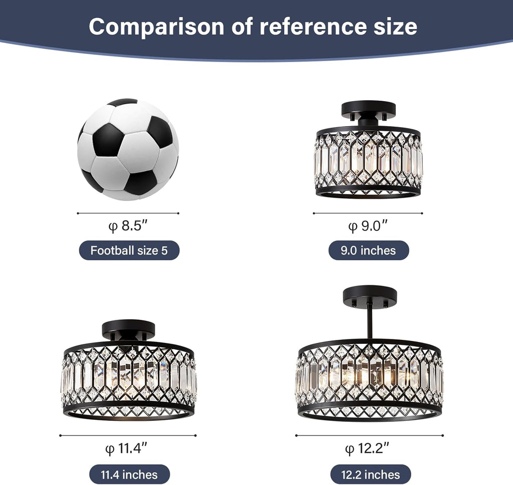 Crystal Black Ceiling Light, Modern Semi Flush Mount Ceiling Lighting Fixture, Round Hallway Lighting Fixtures Ceiling for Kitchen Entryway Bedroom Laundry Room, 1-Light, 9 Inch - Grand Goldman