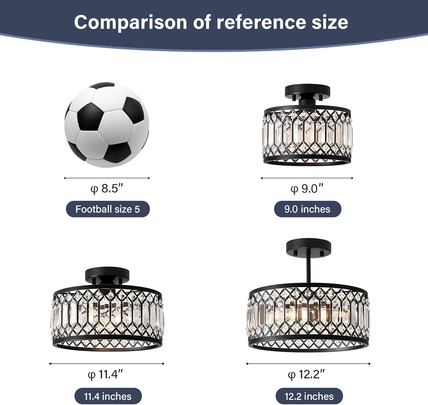 Crystal Black Ceiling Light, Modern Semi Flush Mount Ceiling Lighting Fixture, Round Hallway Lighting Fixtures Ceiling for Kitchen Entryway Bedroom Laundry Room, 1-Light, 9 Inch - Grand Goldman