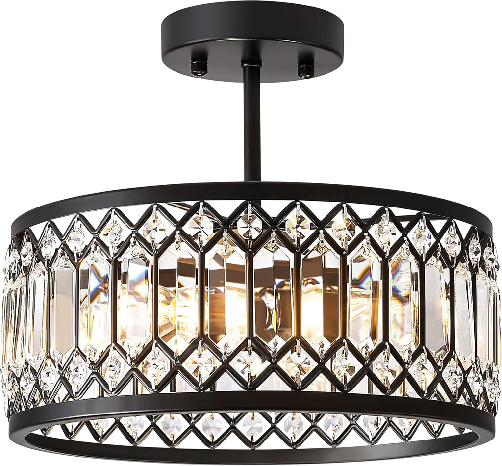 Crystal Black Ceiling Light, Modern Semi Flush Mount Ceiling Lighting Fixture, Round Hallway Lighting Fixtures Ceiling for Kitchen Entryway Bedroom Laundry Room, 1-Light, 9 Inch - Grand Goldman