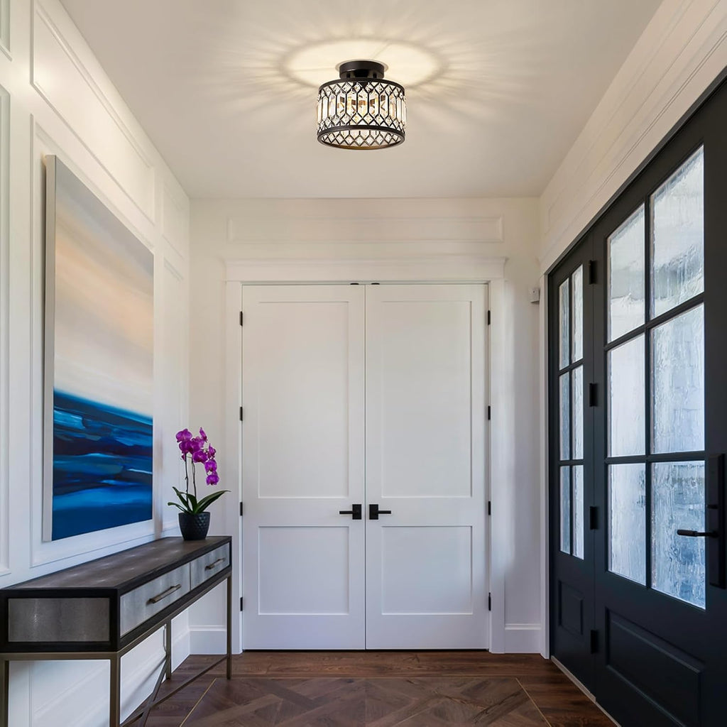 Crystal Black Ceiling Light, Modern Semi Flush Mount Ceiling Lighting Fixture, Round Hallway Lighting Fixtures Ceiling for Kitchen Entryway Bedroom Laundry Room, 1-Light, 9 Inch - Grand Goldman