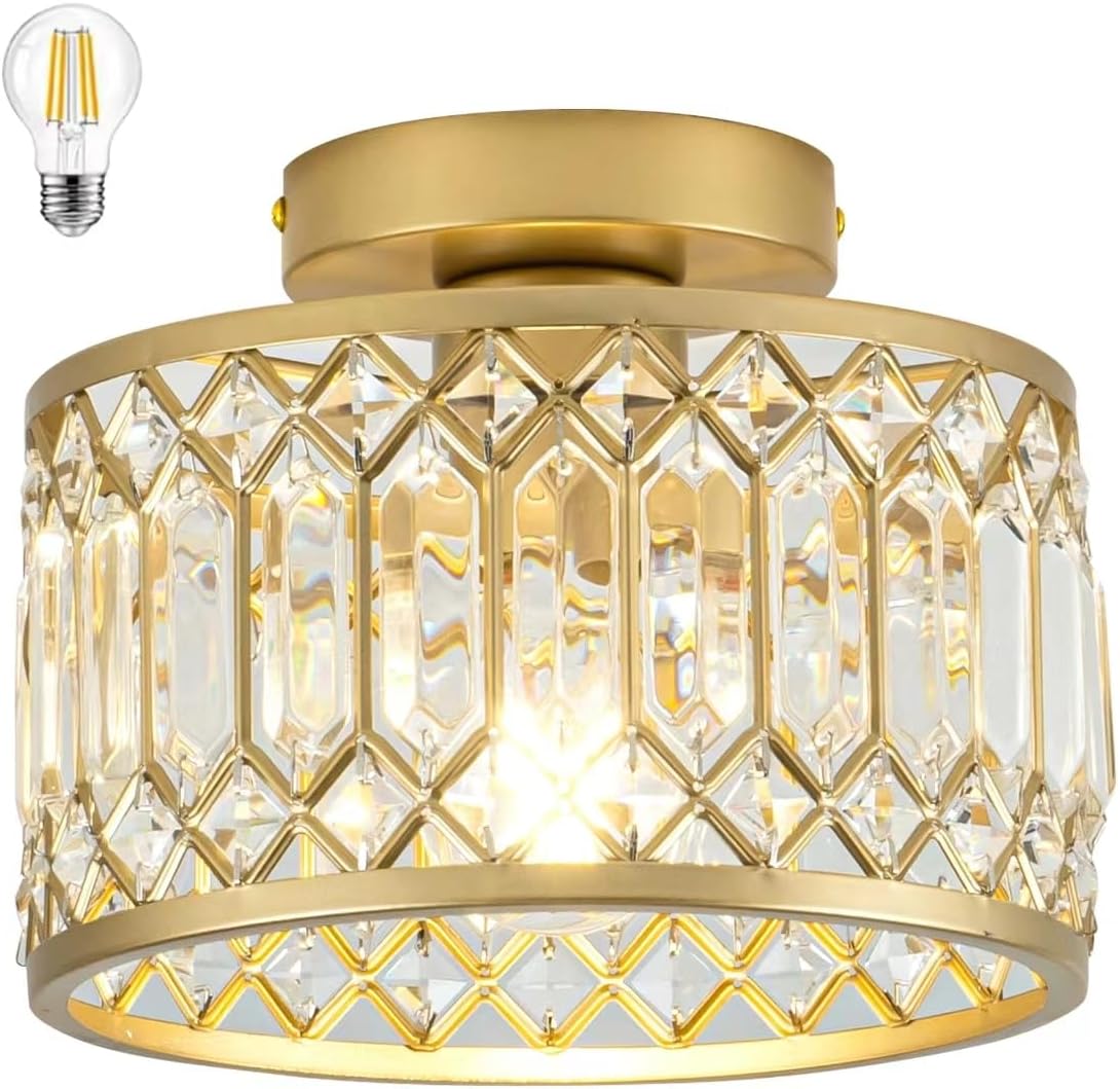 Crystal Ceiling Light Fixture, Modern Semi Flush Mount Ceiling Light,Crystal Chandelier for Kitchen Bedroom Bathroom Entryway Black (Bulb Included) - Grand Goldman