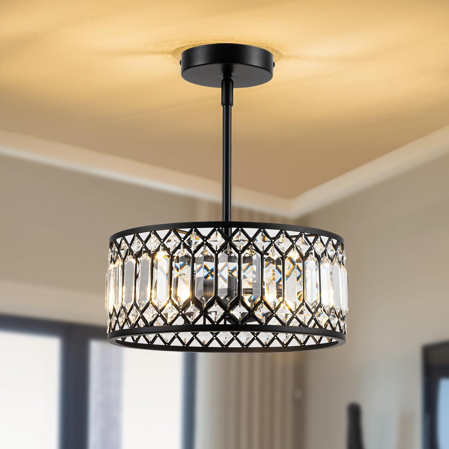 Crystal Ceiling Light Fixture, Modern Semi Flush Mount Ceiling Light,Crystal Chandelier for Kitchen Bedroom Bathroom Entryway Black (Bulb Included) - Grand Goldman