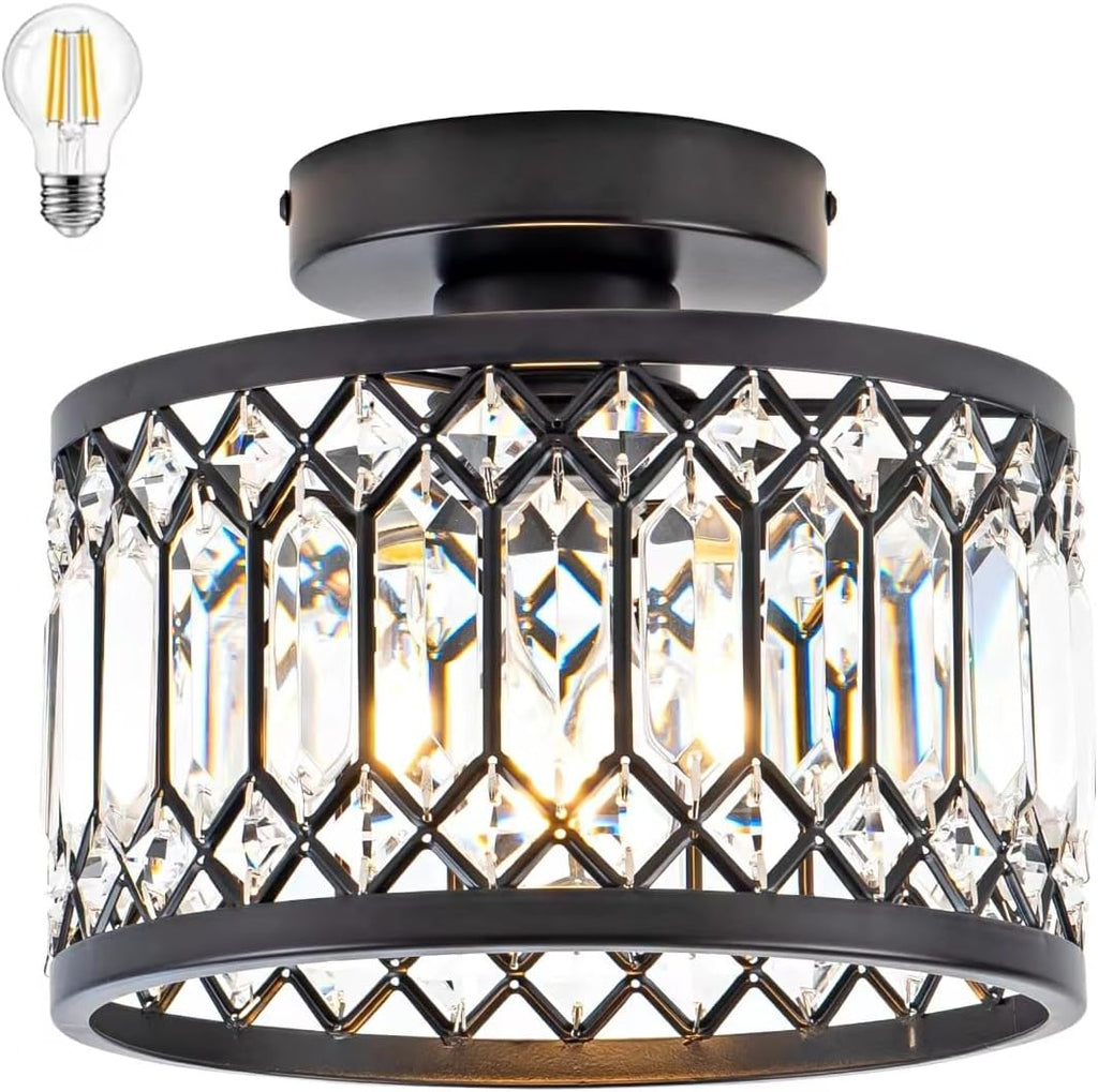 Crystal Ceiling Light Fixture, Modern Semi Flush Mount Ceiling Light,Crystal Chandelier for Kitchen Bedroom Bathroom Entryway Black (Bulb Included) - Grand Goldman