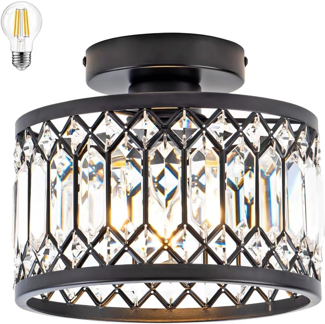 Crystal Ceiling Light Fixture, Modern Semi Flush Mount Ceiling Light,Crystal Chandelier for Kitchen Bedroom Bathroom Entryway Black (Bulb Included) - Grand Goldman