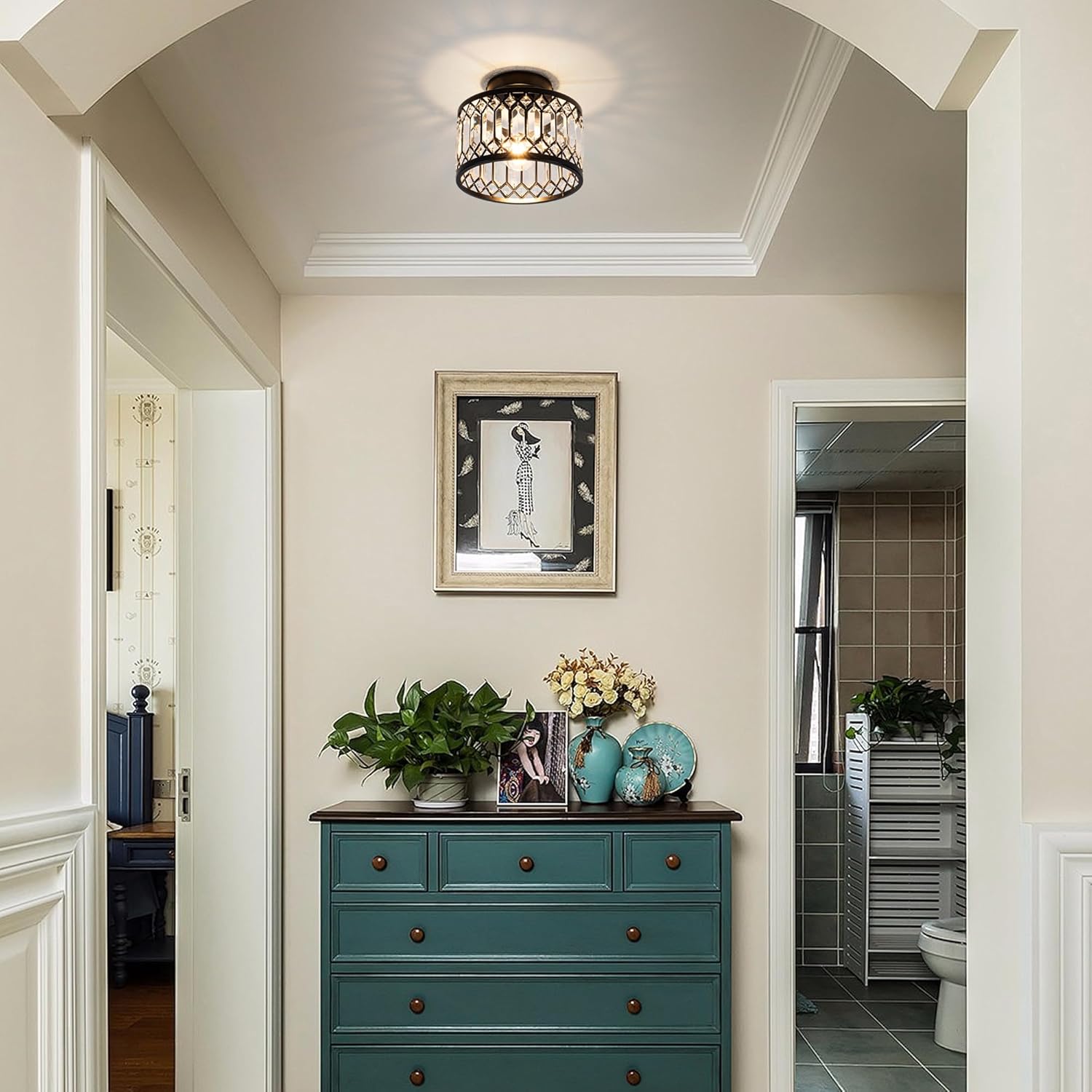 Crystal Ceiling Light Fixture, Modern Semi Flush Mount Ceiling Light,Crystal Chandelier for Kitchen Bedroom Bathroom Entryway Black (Bulb Included) - Grand Goldman