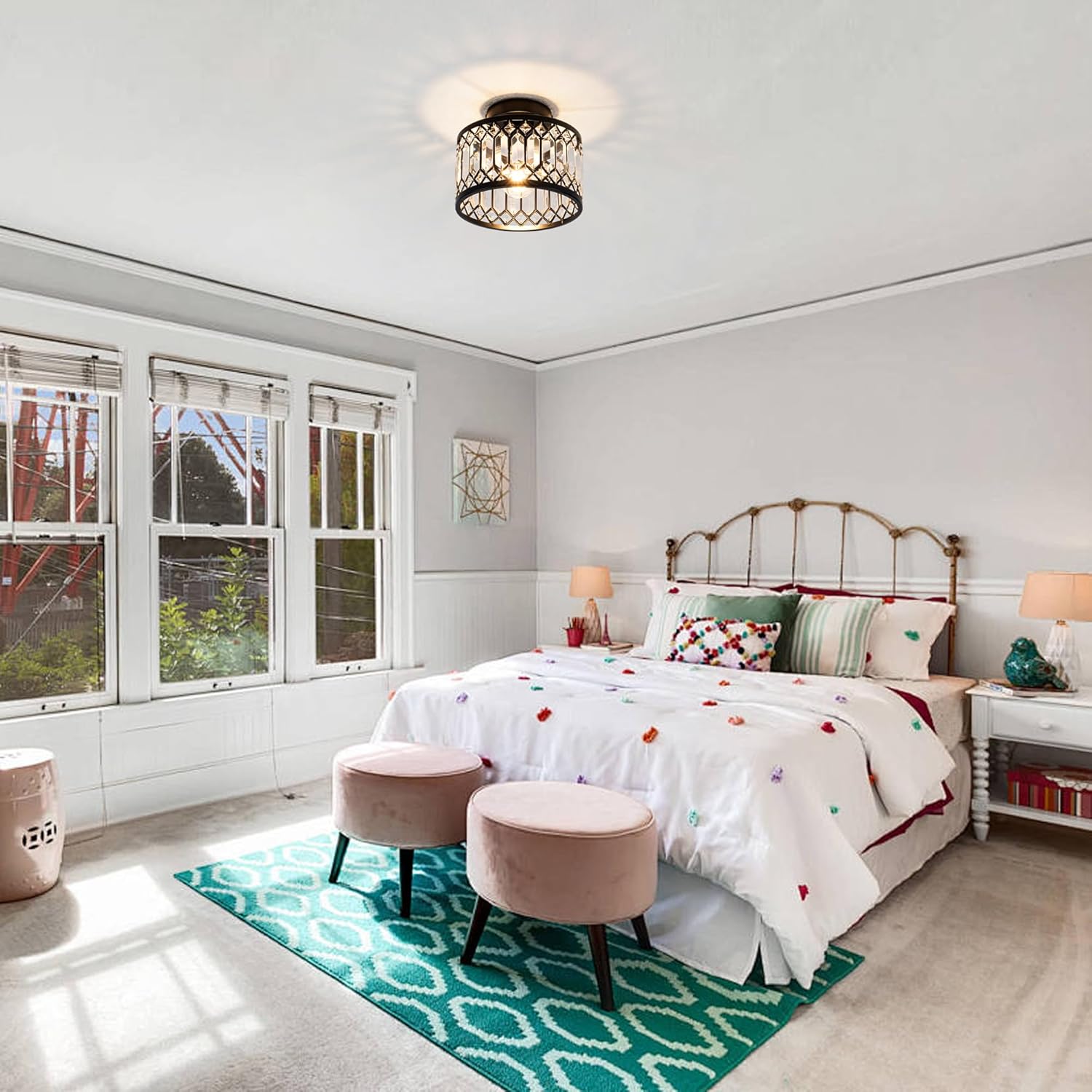 Crystal Ceiling Light Fixture, Modern Semi Flush Mount Ceiling Light,Crystal Chandelier for Kitchen Bedroom Bathroom Entryway Black (Bulb Included) - Grand Goldman