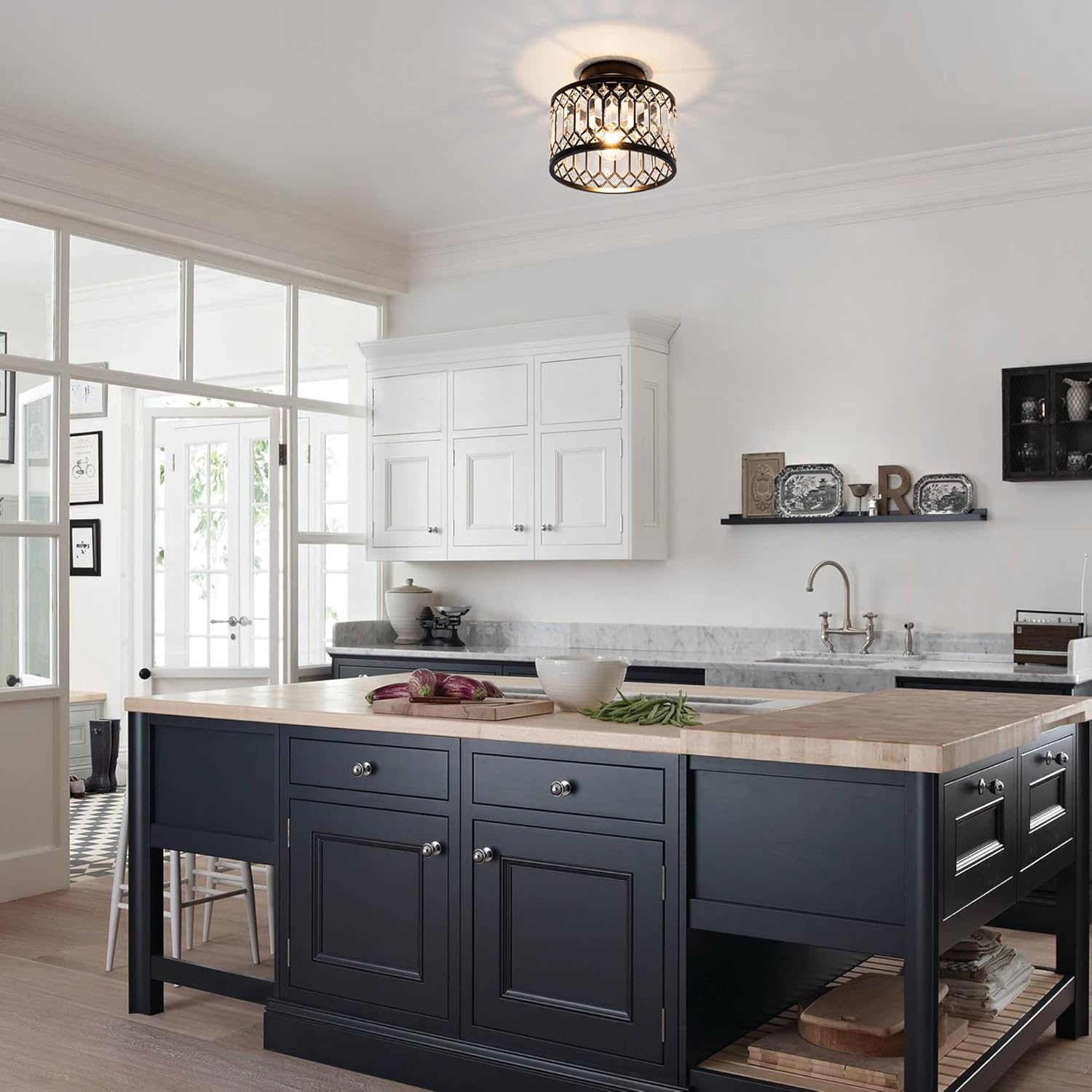 Crystal Ceiling Light Fixture, Modern Semi Flush Mount Ceiling Light,Crystal Chandelier for Kitchen Bedroom Bathroom Entryway Black (Bulb Included) - Grand Goldman