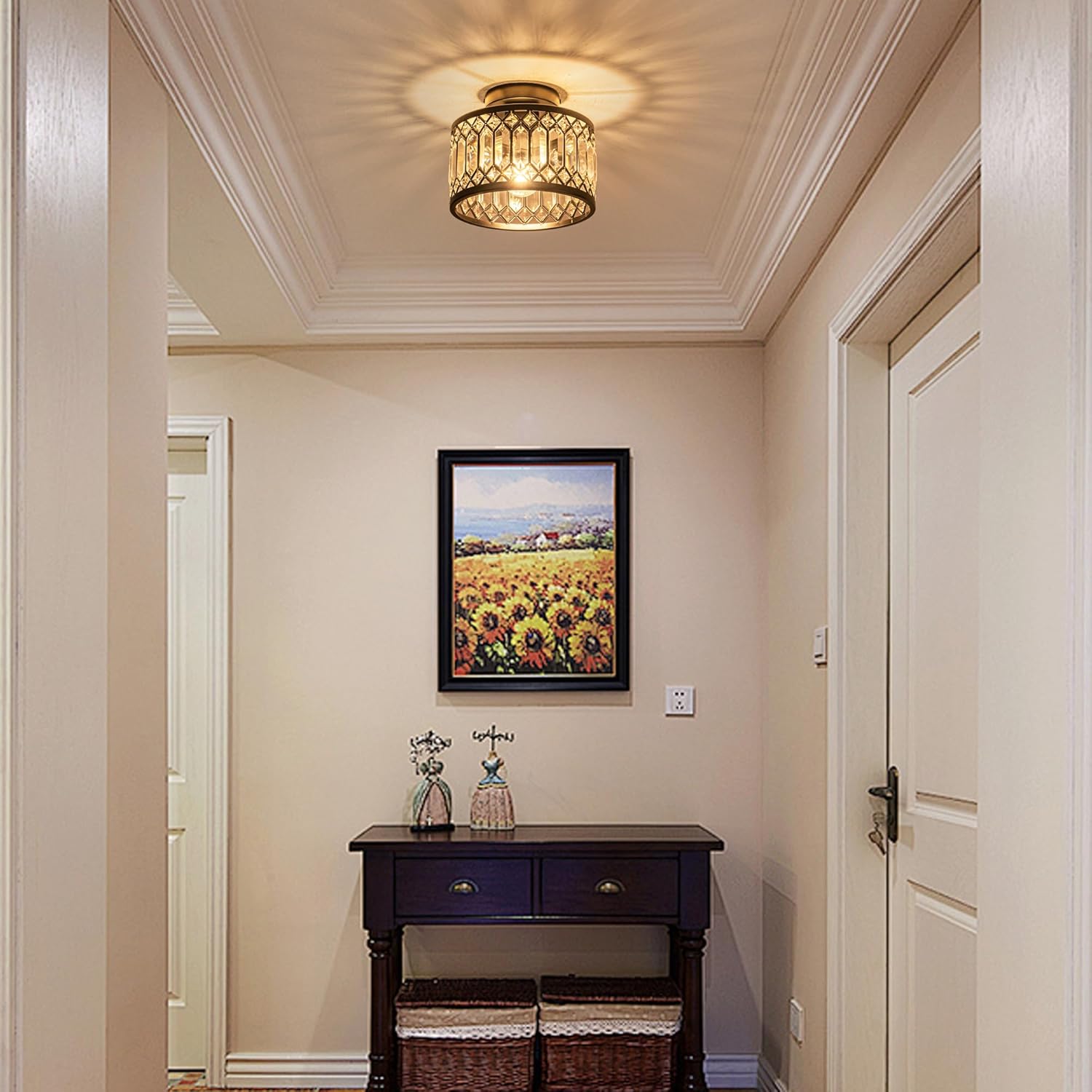 Crystal Ceiling Light Fixture, Modern Semi Flush Mount Ceiling Light,Crystal Chandelier for Kitchen Bedroom Bathroom Entryway Black (Bulb Included) - Grand Goldman