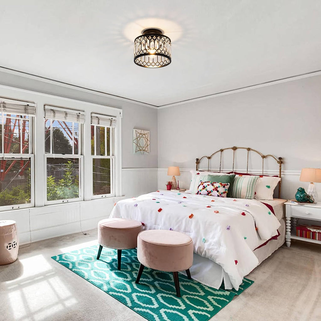 Crystal Ceiling Light Fixture, Modern Semi Flush Mount Ceiling Light,Crystal Chandelier for Kitchen Bedroom Bathroom Entryway Black (Bulb Included) - Grand Goldman