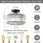 Crystal Semi Flush Mount Ceiling Light, Black Kitchen Lighting Fixtures Ceiling, Modern Bedroom Chandelier Living Room Light Fixtures Ceiling Mount, Bathroom Ceiling Light for Entryway Hallway - Grand Goldman