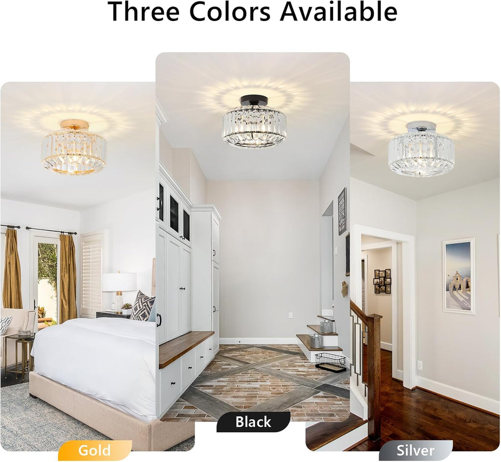 Crystal Semi Flush Mount Ceiling Light, Black Kitchen Lighting Fixtures Ceiling, Modern Bedroom Chandelier Living Room Light Fixtures Ceiling Mount, Bathroom Ceiling Light for Entryway Hallway - Grand Goldman