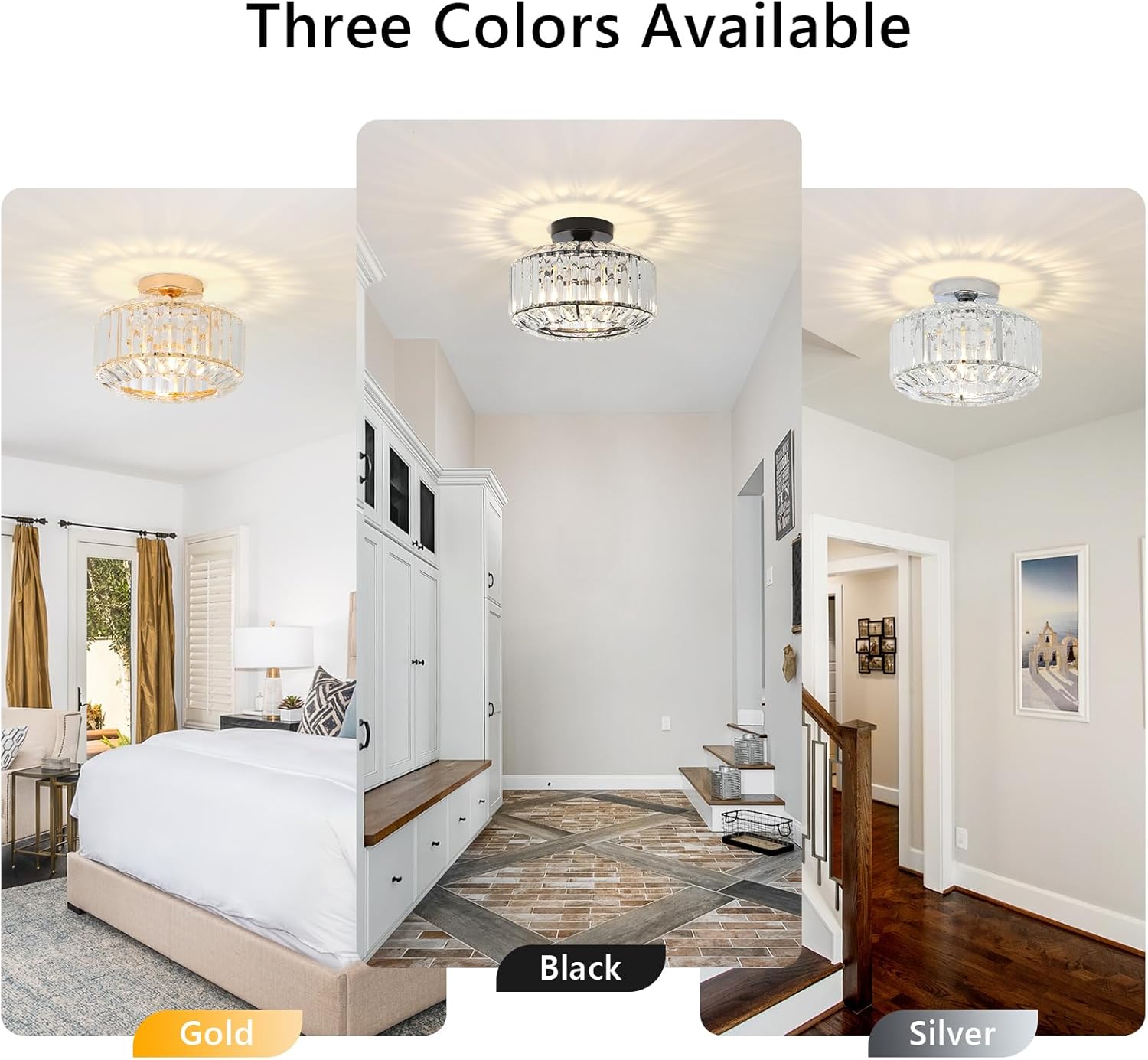 Crystal Semi Flush Mount Ceiling Light, Black Kitchen Lighting Fixtures Ceiling, Modern Bedroom Chandelier Living Room Light Fixtures Ceiling Mount, Bathroom Ceiling Light for Entryway Hallway - Grand Goldman