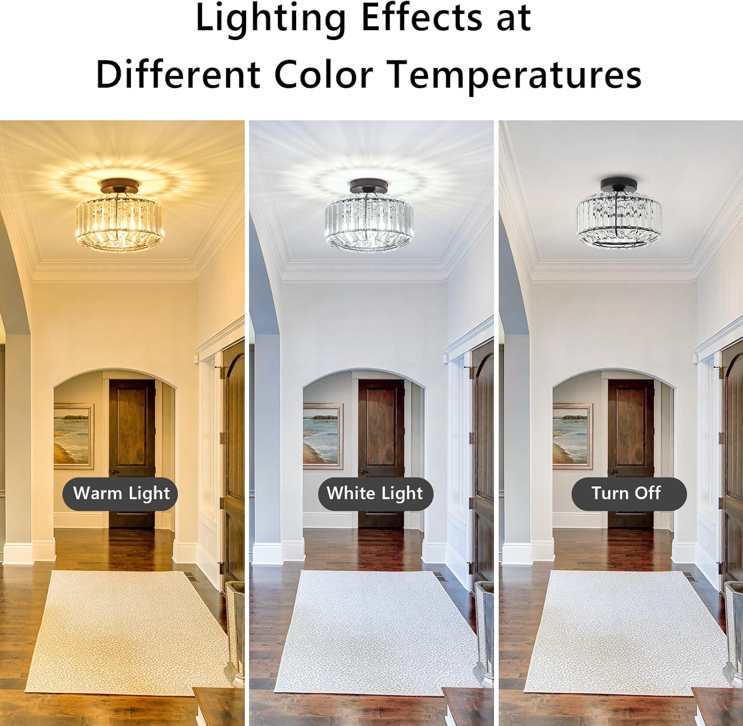 Crystal Semi Flush Mount Ceiling Light, Black Kitchen Lighting Fixtures Ceiling, Modern Bedroom Chandelier Living Room Light Fixtures Ceiling Mount, Bathroom Ceiling Light for Entryway Hallway - Grand Goldman